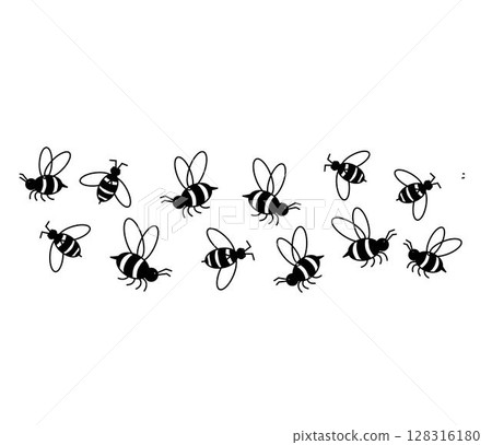 Bees horizontal seamless border. Vector graphic line illustration. Suitable for wall murals, gift wrap, textile and wallpaper. background for banners, print for fabric, labels, t-shirt printing. 128316180