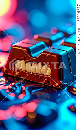Chocolate bar in neon light.  A piece of chocolate bar with a creamy filling that looks like teeth, illuminated by a bright neon light. 128316237