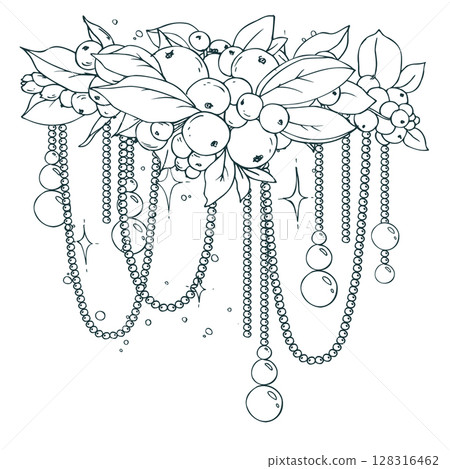 Decorative Christmas bouquet with beads, baubles and snowberries. Created in line art style by hand using black ink. Perfect for cards, decor and winter packaging. 128316462