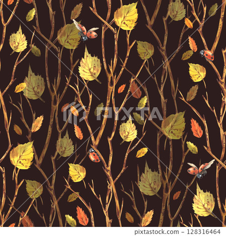 Dark brown autumn seamless pattern with yellow birch leaves, ladybugs and tree branches. Hand-drawn watercolor illustration in warm autumn colors for packaging and seasonal use. Dark brown autumn seamless pattern with yellow birch leaves, ladybugs and tree branches. Hand-drawn watercolor illustration in warm autumn colors for packaging and seasonal use. 128316464