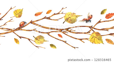 Seamless border pattern hand painted with watercolor depicting brown tree branches with yellow autumn birch leaves and ladybugs Delicate autumn illustration floral garland for various seasonal designs Seamless border pattern hand painted with watercolor depicting brown tree branches with yellow autumn birch leaves and ladybugs Delicate autumn illustration floral garland for various seasonal designs 128316465