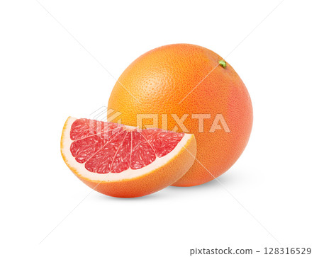 Grapefruit isolated on white background. Juicy citrus fruit and a slice cut out. Grapefruit isolated on white background. Juicy citrus fruit and a slice cut out. 128316529