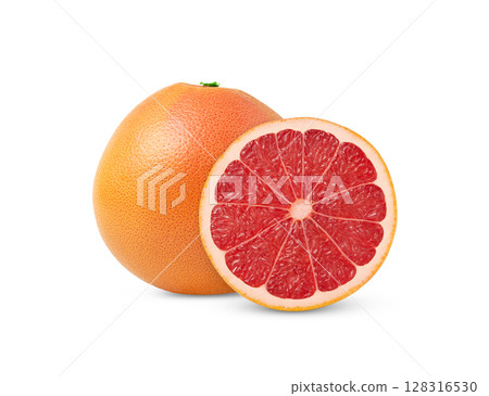 Juicy grapefruit and a slice isolated. Whole citrus fruit and a half with clipping path. Juicy grapefruit and a slice isolated. Whole citrus fruit and a half with clipping path. 128316530