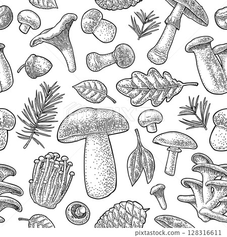 Seamless pattern mushroom. Vintage vector engraving black illustration 128316611