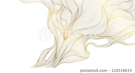 Vector abstract wave gold line background, light luxury graphic texture. Premium water, sea, river flow ornament, japanese silk elegant curve art Vector abstract wave gold line background, light luxury graphic texture. Premium water, sea, river flow ornament, japanese silk elegant curve art 128316614