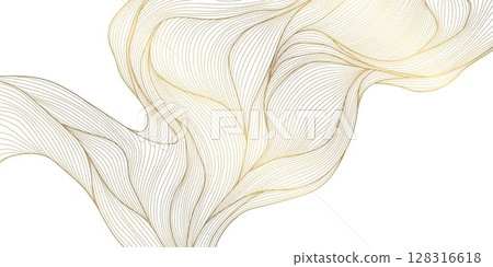 Vector abstract wave gold line background, light luxury graphic texture. Premium water, sea, river flow ornament, japanese silk elegant curve art Vector abstract wave gold line background, light luxury graphic texture. Premium water, sea, river flow ornament, japanese silk elegant curve art 128316618
