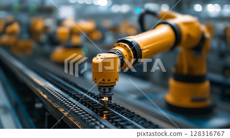 Robotic arm operating on assembly line in modern factory, industrial automation technology for manufacturing and production efficiency 128316767