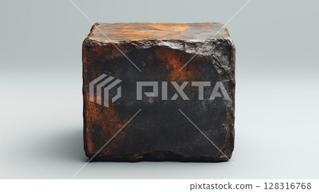 Rustic metal cube with weathered surface showcasing oxidized texture and industrial patina against neutral background 128316768