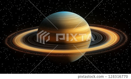 Saturn planet with illuminated rings against starry space background, featuring detailed astronomical illustration of gas giant 128316770