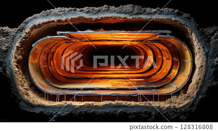Agate mineral cross section with glowing layers in fiery orange and gold tones, geological structure with concentric patterns for luxury design Agate mineral cross section with glowing layers in fiery orange and gold tones, geological structure with concentric patterns for luxury design 128316808