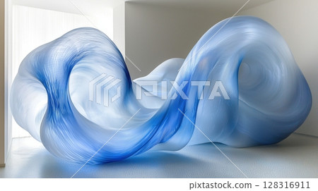NASA inspired futuristic spacecraft model rests in high tech wind tunnel Blue plasma like airflow lines illustrate its aerodynamic structure, showcasing advanced engineering concepts 128316911