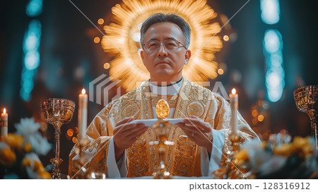 catholic priest lifts consecrated host above altar during eucharistic prayer, illuminated soft light golden chalices and sacred vessels present 128316912