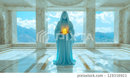 Greek goddess, draped in flowing white fabric, stands in grand marble temple She holds glowing golden vitamin capsule, symbolizing sacred offering in artistic portrayal 128316921