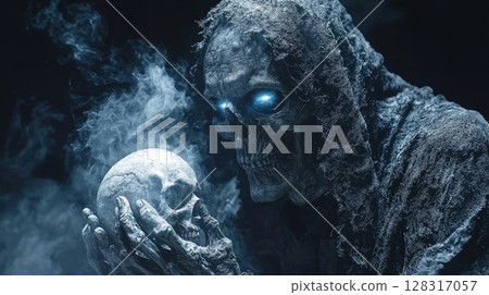 skeletal lich dressed in detailed necromancer robes holds glowing skull filled arcane energy hollow eyes burn blue fire, surrounded aura of forbidden magic and dark mist 128317057