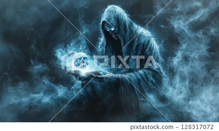 skeletal lich clad in intricate necromancer robes stands in shadows, holding glowing skull radiates blue energy hollow eyes burn fierce intensity, surrounded aura of dark magic skeletal lich clad in intricate necromancer robes stands in shadows, holding glowing skull radiates blue energy hollow eyes burn fierce intensity, surrounded aura of dark magic 128317072