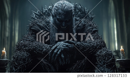 In dark and mystical hall, dark elf king sits on throne made of twisted thorns He smirks sharp amusement, his silver hair illuminated flickering candlelight 128317133