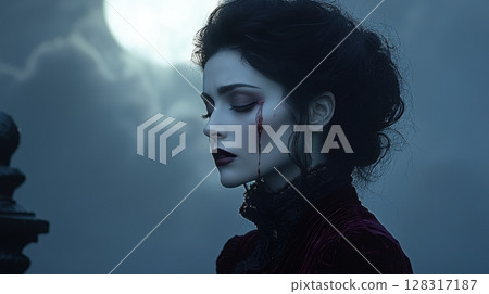 draped in opulent crimson velvet cloak, vampire queen stands on gothic balcony blood tears streak her porcelain face as she mourns eternal loss in moonlight 128317187
