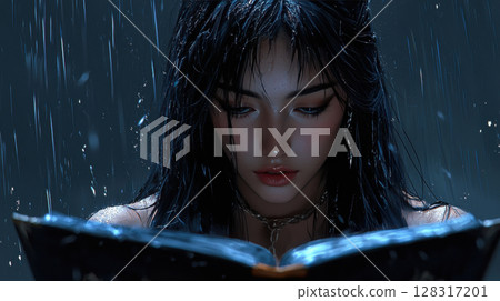 wise and enigmatic witch explores ancient grimoire, her fingers gliding over intricate symbols while her family crest amulet glimmers in mystical atmosphere 128317201