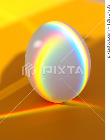 A rainbow egg is sitting on a yellow surface 128317235