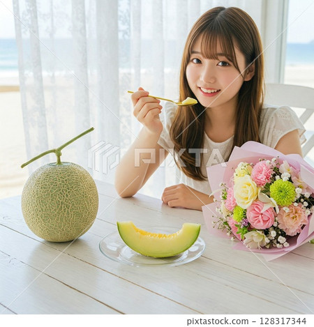 年輕女子在甜瓜和花束前微笑。女孩。陽光透過蕾絲窗簾照射進來。 年輕女子在甜瓜和花束前微笑。女孩。陽光透過蕾絲窗簾照射進來。 128317344