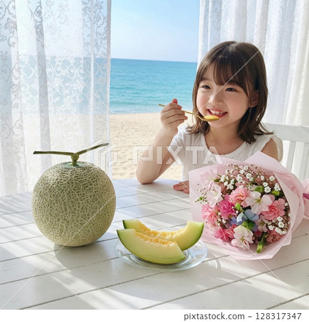 Young woman smiling in front of melon and bouquet of flowers. Girl. Sunlight shines through lace curtains. 128317347