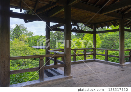 Beautiful green maples seen from Tsutenkyo Bridge at Tofukuji Temple (Higashiyama Ward, Kyoto City) 128317530