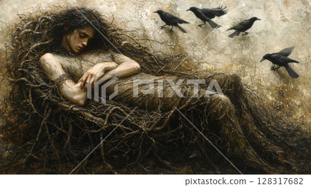 regal man sits on gothic throne of thorny vines, dark expression as crows circle above setting conveys mood of solitude and mystery in fantasy realm 128317682