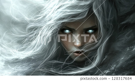 haunting banshee long white hair and glowing pale blue eyes expresses sorrow Clothed in tattered gray gown, she appears as if caught mid wail, embodying mystery and eeriness haunting banshee long white hair and glowing pale blue eyes expresses sorrow Clothed in tattered gray gown, she appears as if caught mid wail, embodying mystery and eeriness 128317684