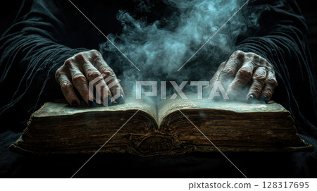 Well manicured hands hold old, weathered spellbook, soft misty smoke rising between its aged pages, creating enchanting atmosphere of mystery and magic 128317695