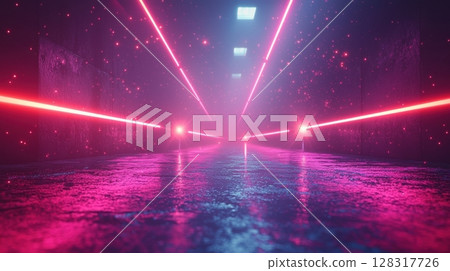 multiple laser beams bounce between angled mirrors, generating complex geometric patterns through reflections and refractions in vibrant cyberpunk setting multiple laser beams bounce between angled mirrors, generating complex geometric patterns through reflections and refractions in vibrant cyberpunk setting 128317726