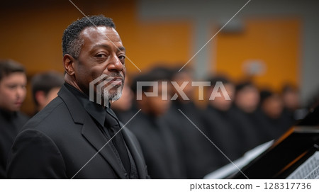 passionate music teacher directs lively choir practice in vibrant classroom filled eager students Sheet music covers grand piano as voices harmonize in unison 128317736