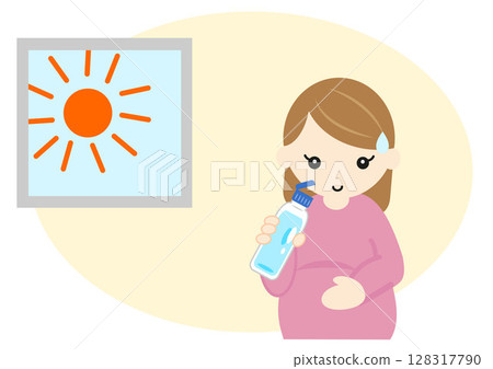 A pregnant woman hydrates indoors to prevent heatstroke A pregnant woman hydrates indoors to prevent heatstroke 128317790