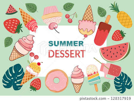 Summertime Banner  of ice creams, fruits 128317919
