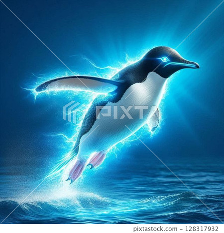 Penguins surrounded by blue light 128317932