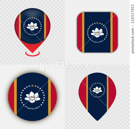 Set of Mississippi State Flag Icons and Map Pins. 128317951