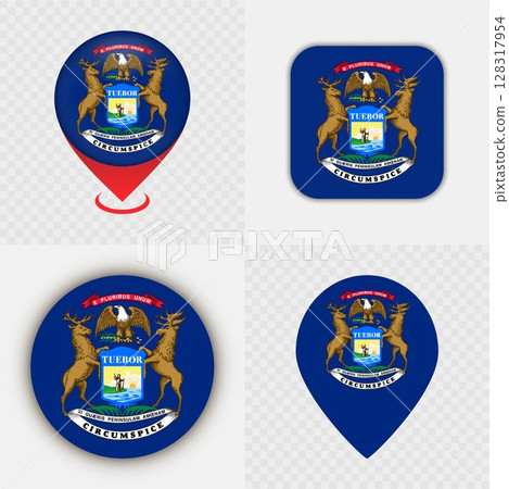 Set of Michigan State Flag Icons and Map Pins. 128317954