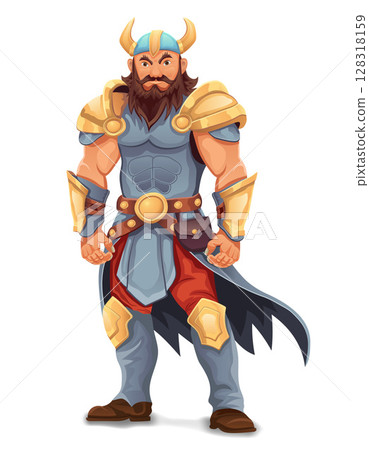 ancient fantasy warrior with stern face standing threatening pose in armor and with weapon cartoon vector illustration ancient fantasy warrior with stern face standing threatening pose in armor and with weapon cartoon vector illustration 128318159