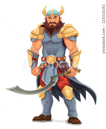 ancient fantasy warrior with stern face standing threatening pose in armor and with weapon cartoon vector illustration ancient fantasy warrior with stern face standing threatening pose in armor and with weapon cartoon vector illustration 128318161
