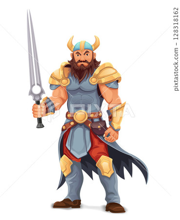 ancient fantasy warrior with stern face standing threatening pose in armor and with weapon cartoon vector illustration 128318162