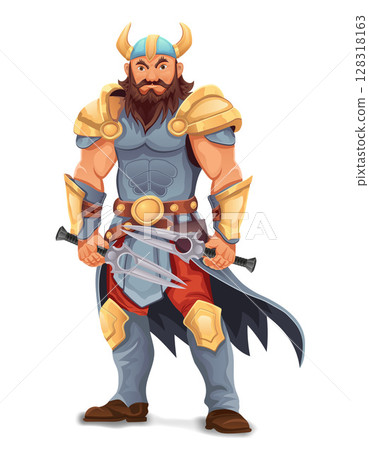 ancient fantasy warrior with stern face standing threatening pose in armor and with weapon cartoon vector illustration ancient fantasy warrior with stern face standing threatening pose in armor and with weapon cartoon vector illustration 128318163