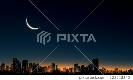 Night skyline with crescent moon over urban landscape at twilight 128318240