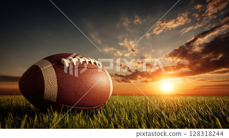 Sunset over a football on the grass during a tranquil evening at the sports field Sunset over a football on the grass during a tranquil evening at the sports field 128318244