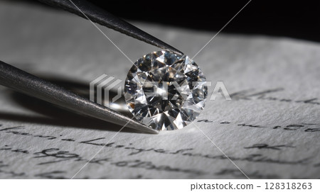 Close-up of a sparkling round diamond held by tweezers above textured paper, showcasing the brilliance Close-up of a sparkling round diamond held by tweezers above textured paper, showcasing the brilliance 128318263