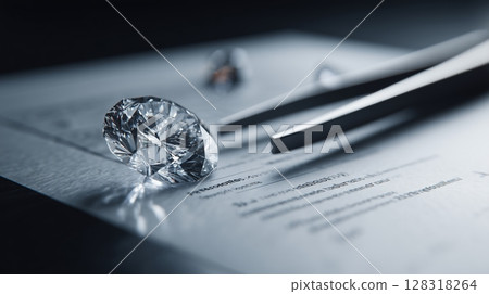 Close-up of sparkling diamond gemstone being held with tweezers, resting on a document with elegant text, showcasing luxury Close-up of sparkling diamond gemstone being held with tweezers, resting on a document with elegant text, showcasing luxury 128318264