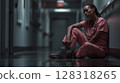 Exhausted black nurse sitting on hospital floor reflects burnout and emotional strain during long shift hours in healthcare 128318265