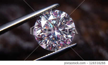Close-up view of a brilliant round diamond being held by tweezers, showcasing its intricate facets and sparkling clarity 128318266