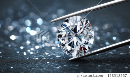 Close-up view of a brilliant cut diamond held by tweezers, showcasing its sparkling facets and clarity against bokeh background Close-up view of a brilliant cut diamond held by tweezers, showcasing its sparkling facets and clarity against bokeh background 128318267