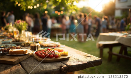 Outdoor gathering featuring a beautifully arranged table with assorted dishes, fresh vegetables, and drinks Outdoor gathering featuring a beautifully arranged table with assorted dishes, fresh vegetables, and drinks 128318270
