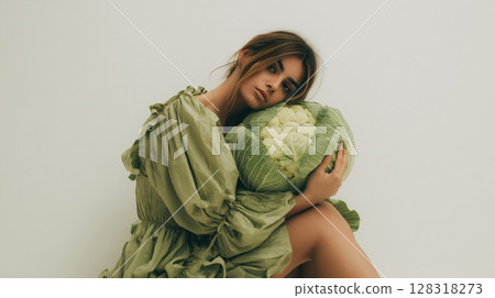 Fashion model poses with fresh produce in a modern studio setting during a creative photoshoot Fashion model poses with fresh produce in a modern studio setting during a creative photoshoot 128318273