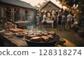 Grilled meat sizzling on barbecue in outdoor garden setting, with blurred guests enjoying summer gathering, creating a warm 128318274